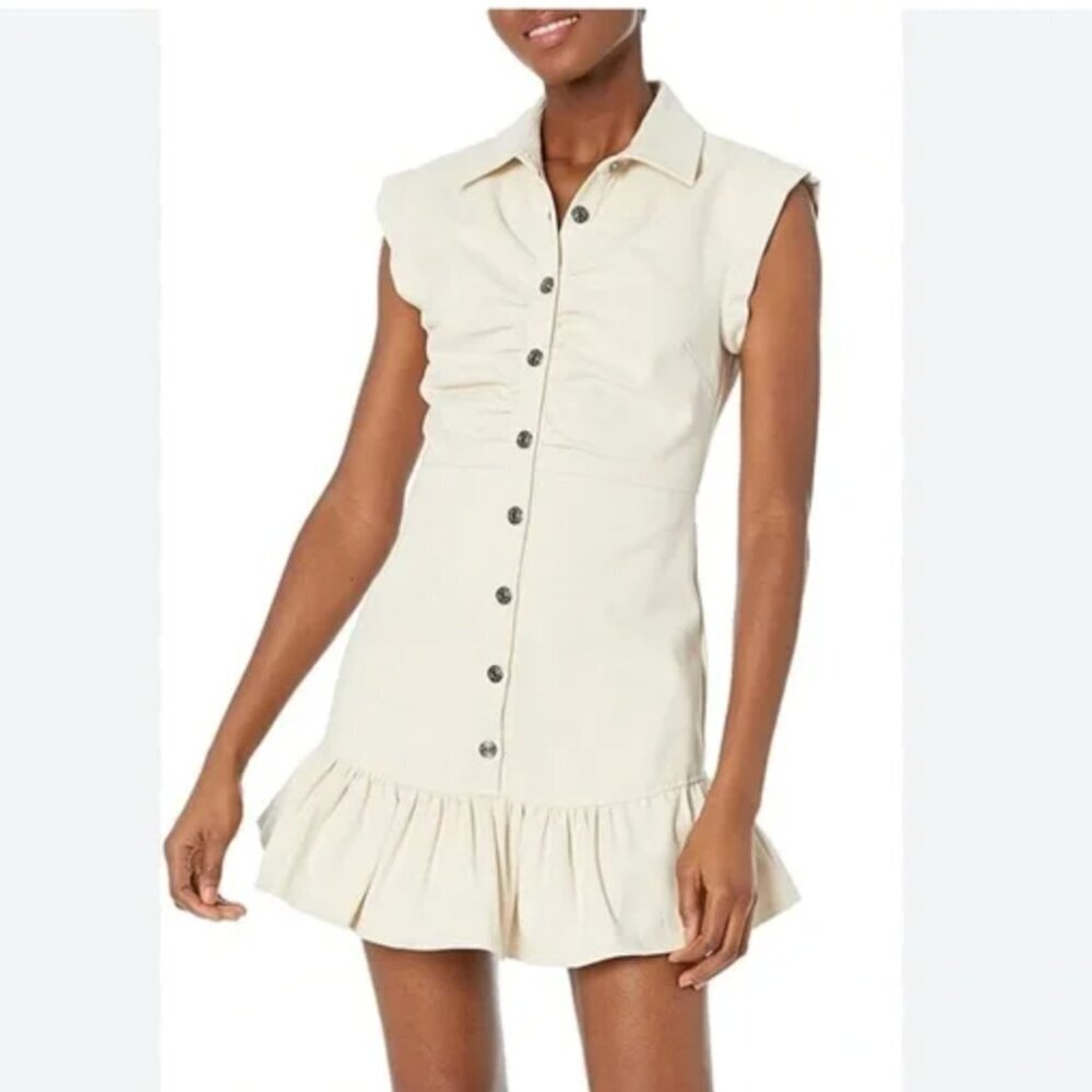 Likely Ruby 100% Cotton Ivory Cream White Denim Button Ruffle Mini Dress Size 6